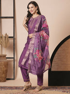 Purple Viscose Chanderi Embroidery Work Kurta Set - Riya | Grocsy