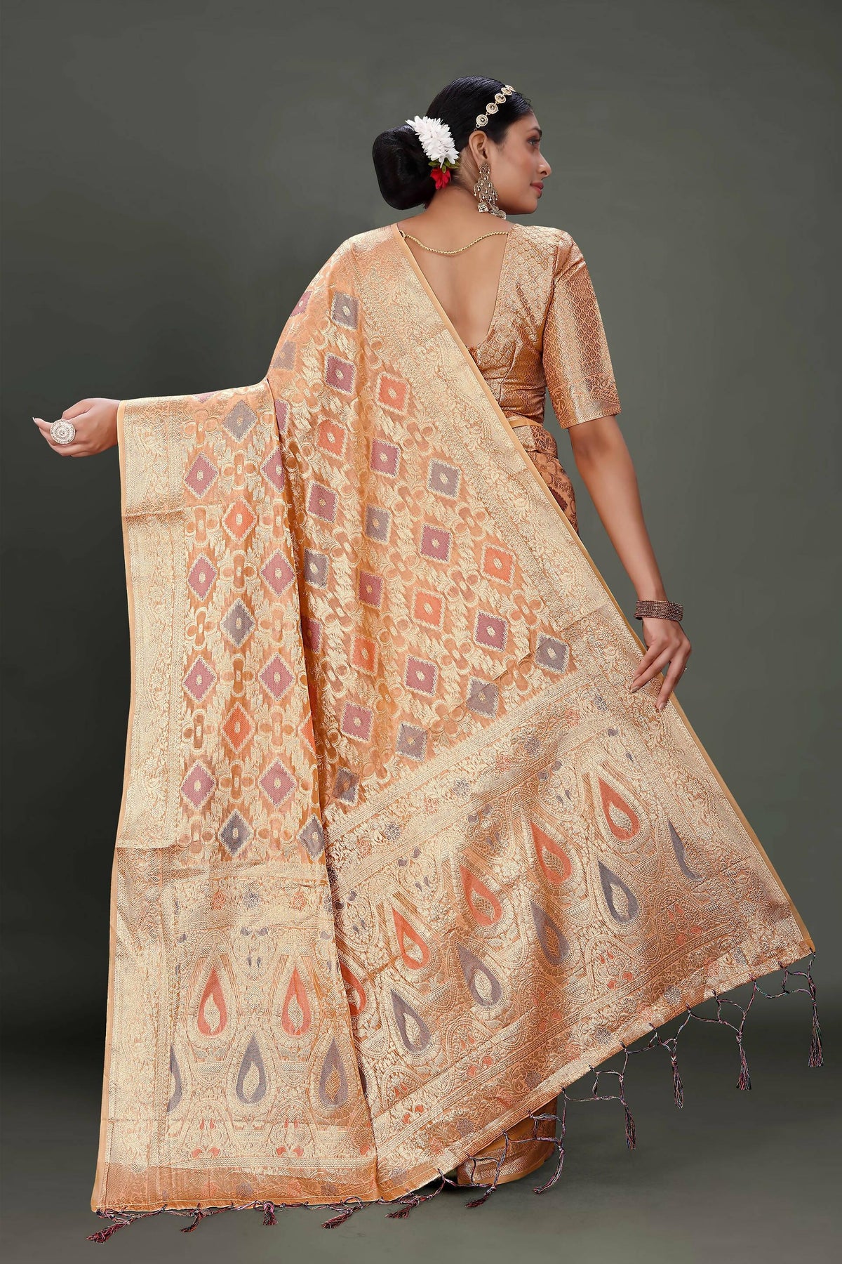 Peach Soft Organza Woven Design Saree With Unstitched Blouse Piece - Zaara | Grocsy