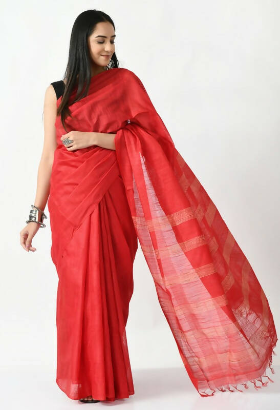 Mominos Fashion Moeza Red Bhagalpuri Handloom 8 Line Ghichha Silk Saree with unstitched Blouse piece | Grocsy