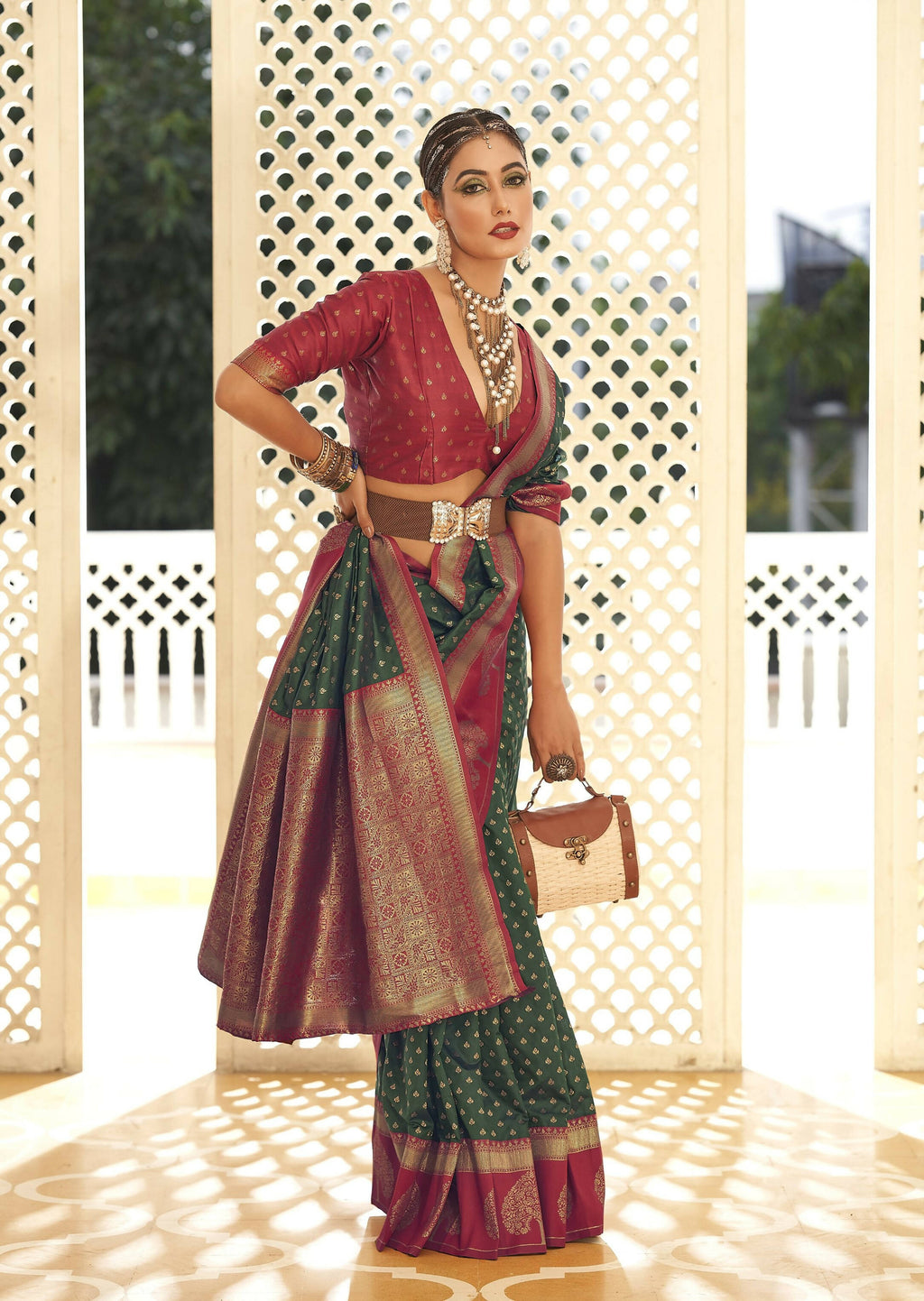 Green Soft Banarasi Paithani Copper Zari Weaving Saree With Unstitched Blouse Piece - Jodha | Grocsy