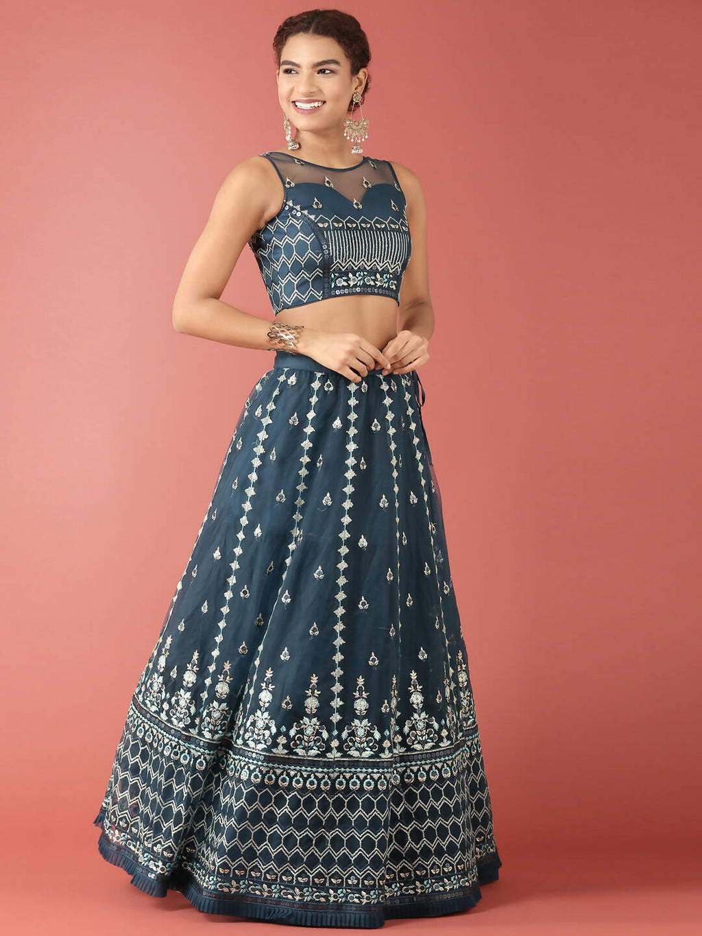 House of Panchhi Navy Blue Net Sequinse Work Lehenga & Blouse, Dupatta | Grocsy