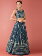House of Panchhi Navy Blue Net Sequinse Work Lehenga & Blouse, Dupatta | Grocsy