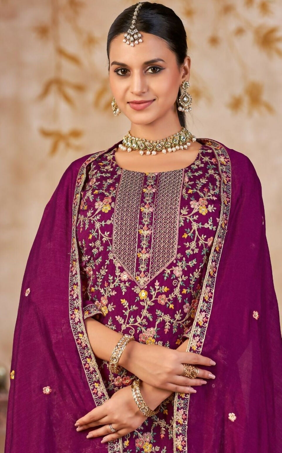 Anaita Purple Vichitra Silk Readymade Palazzo Suit with Embroidery & Lace Work | Grocsy