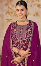 Anaita Purple Vichitra Silk Readymade Palazzo Suit with Embroidery & Lace Work | Grocsy