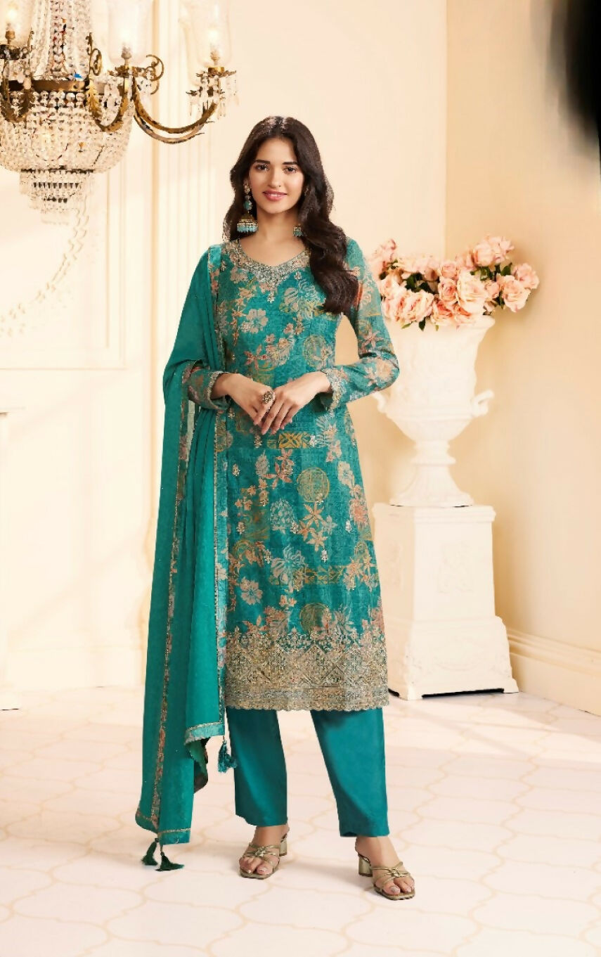 Anaita Teal Green Chinon Stitched Suit with Multi Digital Print | Grocsy