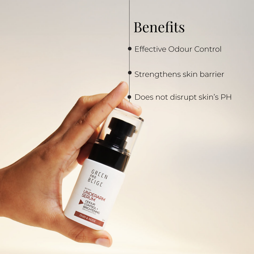 Green And Beige Rectifio Underarm Serum For Odour Control & Brightening - Oud & Rose Scented | Grocsy