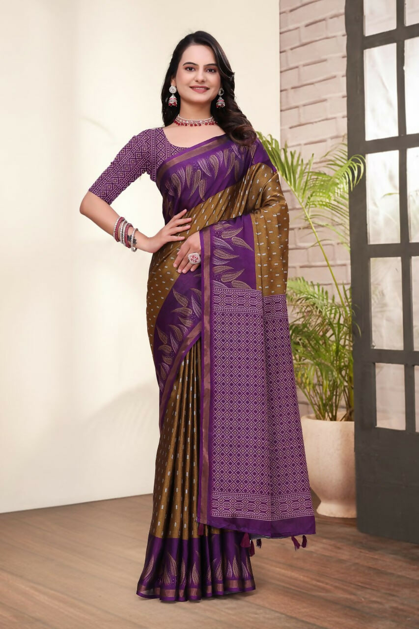 Prime Volt Mal Cotton Mustard Purple Ethnic Printed Saree with Designer Blouse Piece | Grocsy