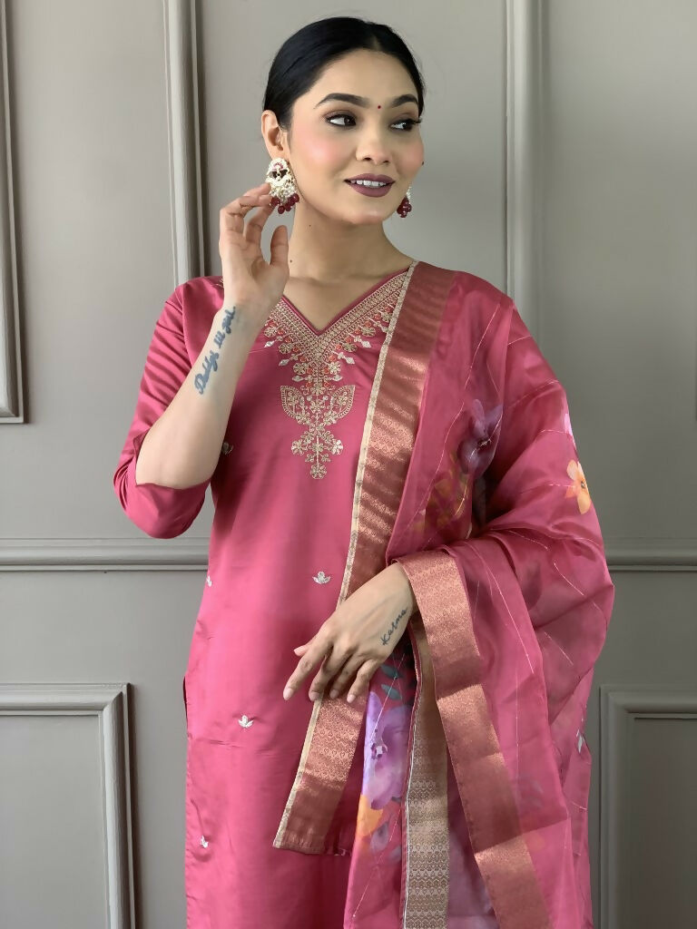 Light Pink Viscose chanderi Stitched Suit With Dupatta - Tanisha | Grocsy