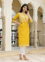 Kaajh Women's Mustard Chikhankari Embroidered Kurta Pant Set | Grocsy