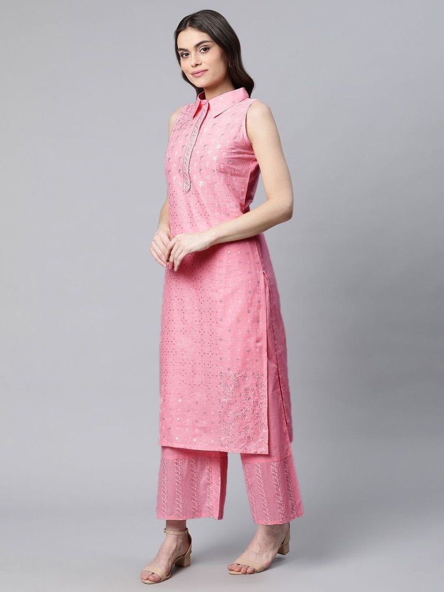 Ahalyaa Women Light Pink Colour Pure Cotton Printed Kurta Palazzo Set | Grocsy