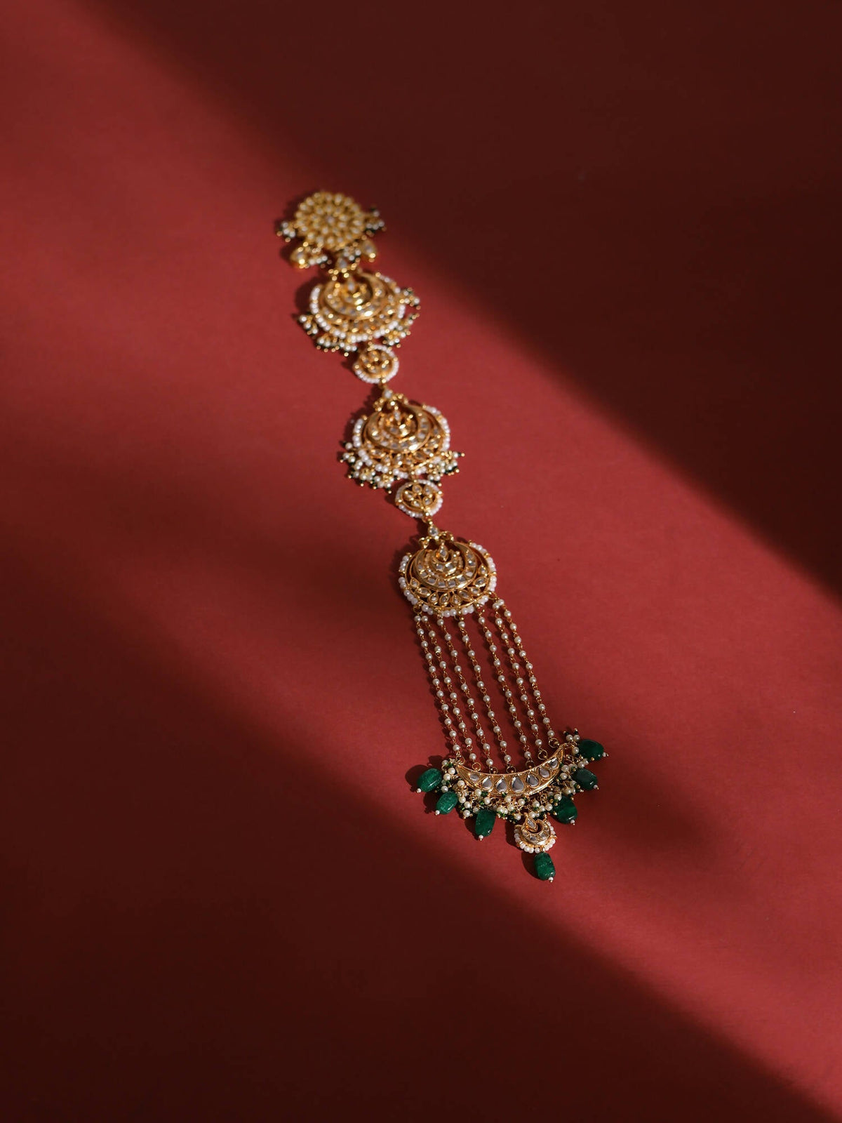 Gold-Polished Green Kundan Stone-Studded Head Chain - Ruby Raang | Grocsy