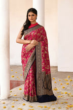 Joban Fashion Hot Pink Crepe Chiffon Pure Handloom Banarasi Silk Saree | Grocsy