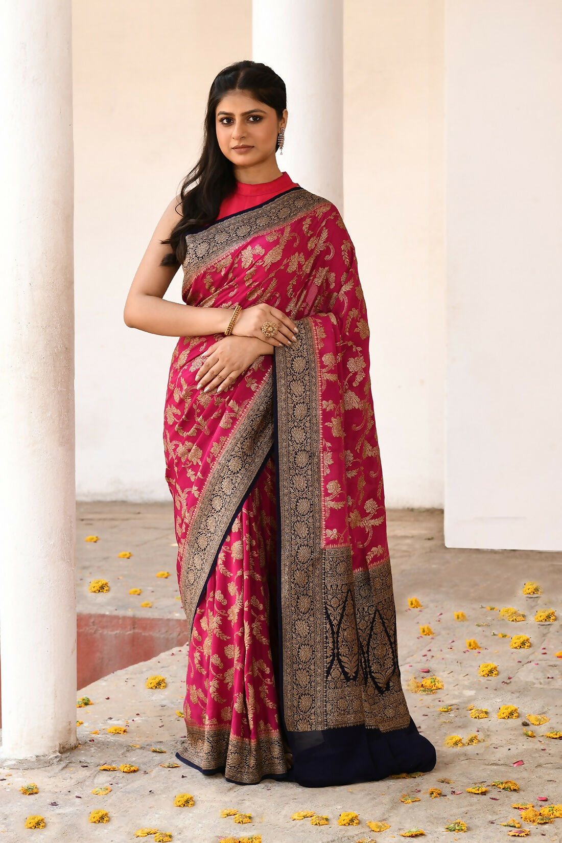 Joban Fashion Hot Pink Crepe Chiffon Pure Handloom Banarasi Silk Saree | Grocsy