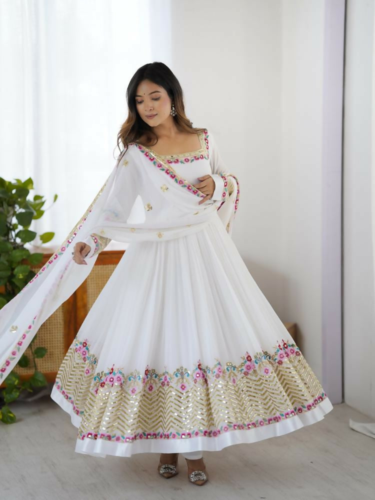 Joban Fashion White Georgette Sequence Embroidery Work Readymade Kurta Set | Grocsy