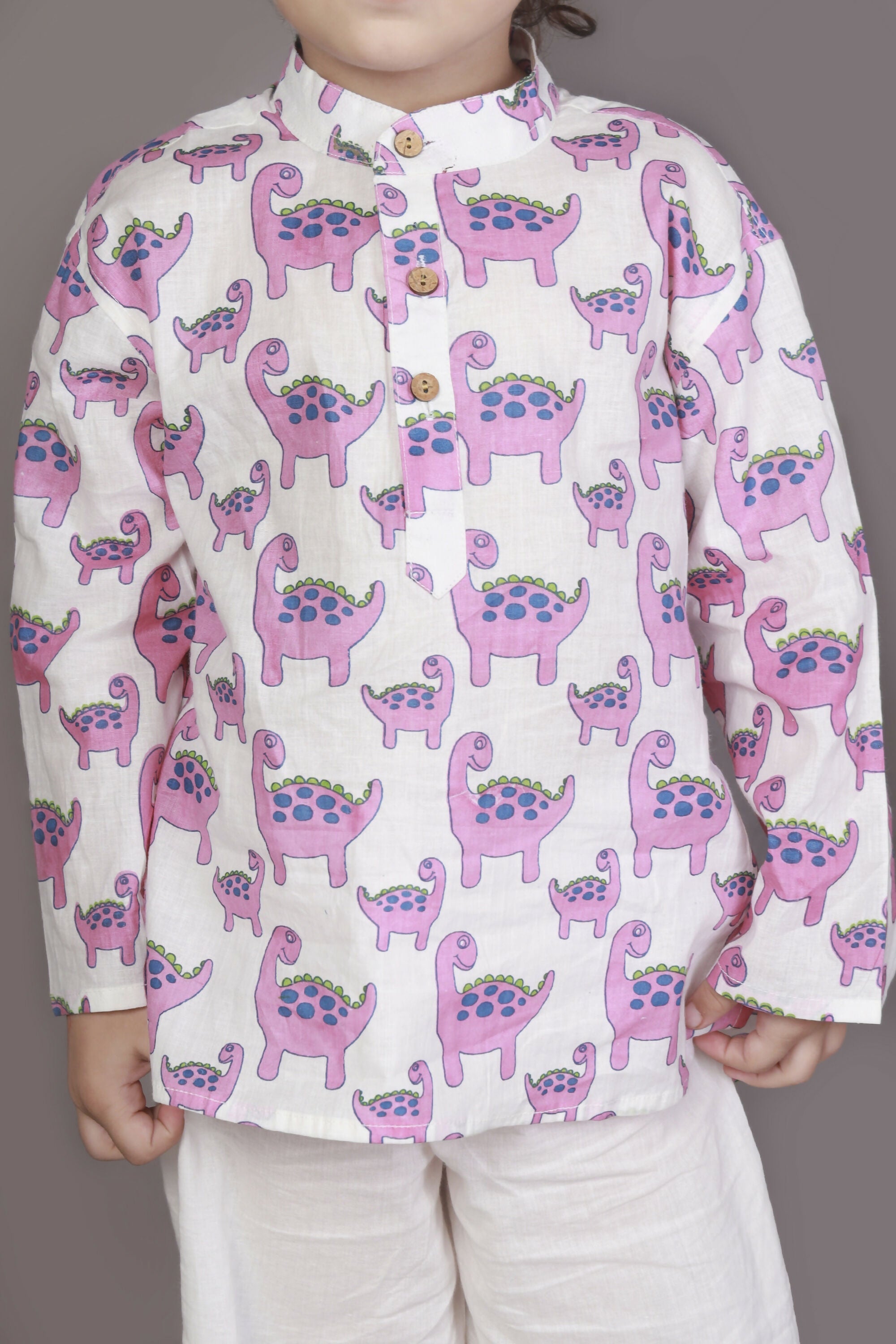 Breathables Kids Boys & Girls Cotton Night Suit – Purple Dinosaur Print Kurta & Pyjama Co-Ord Set | Grocsy