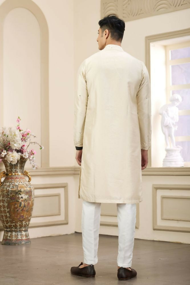 Raivat Ethnic Banarasi Art Silk Thread and Mirror Work Kurta Pajama In Beige Colour | Grocsy