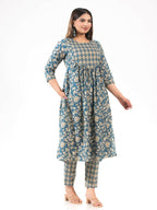 Aramya Blue Soft Cotton Gold foil Print A-line Kurta Set for Women | Grocsy