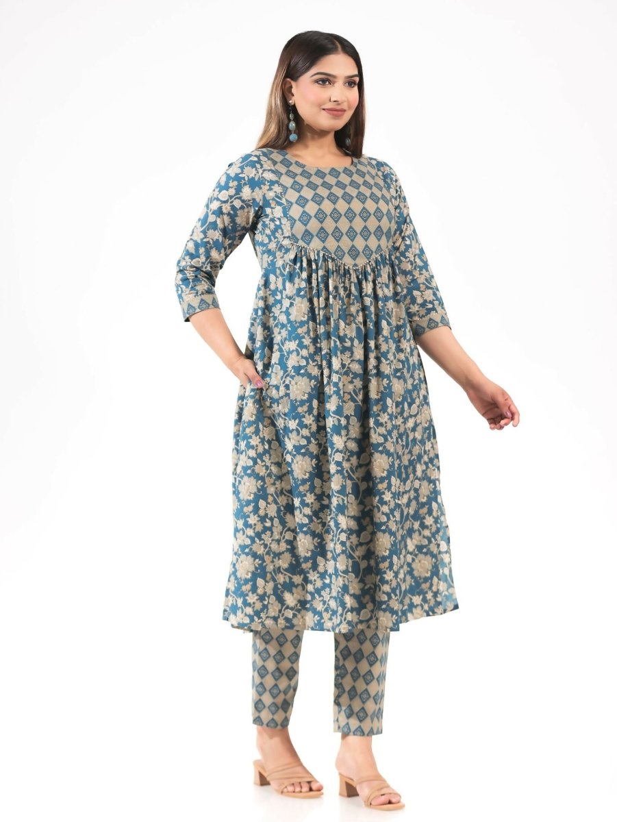 Aramya Blue Soft Cotton Gold foil Print A-line Kurta Set for Women | Grocsy