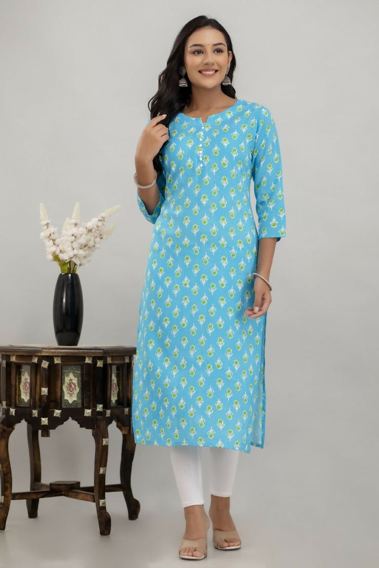 Alvano Printed Straight Kurta for Women and Girls Rayon (Lightblue) | Grocsy