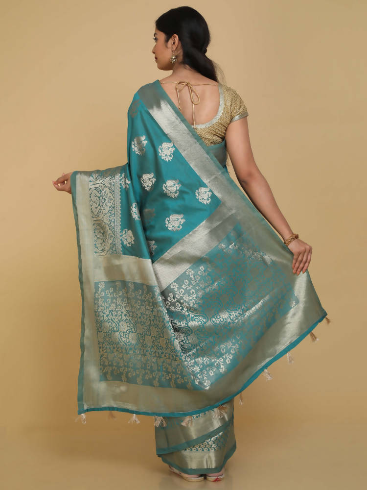 Kalamandir Peacock Print Sea Green Silk Blend Saree | Grocsy