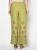 Aniyah Rayon Parrot Green Color Block Print Flared Slip-On Palazzo (AN-196K) | Grocsy