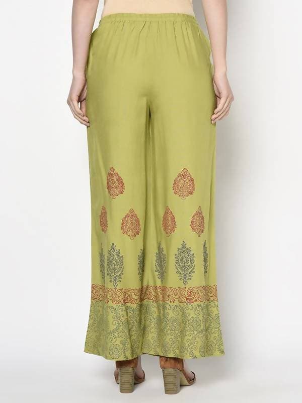 Aniyah Rayon Parrot Green Color Block Print Flared Slip-On Palazzo (AN-196K) | Grocsy