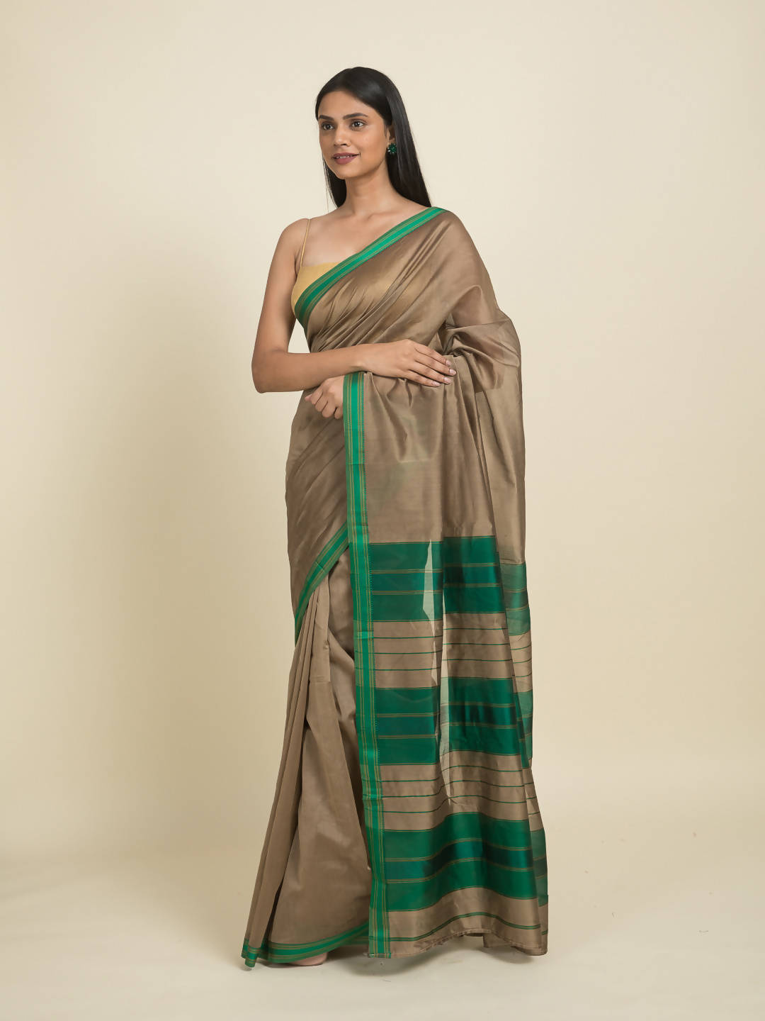 Suta Brown Green Zari Silk Cotton Maheshwari Saree | Grocsy