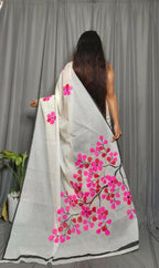 Exclusive Collection Beautiful White Pink Pure Cotton Hand Print Handloom Saree With Running Blouse Piece | Grocsy