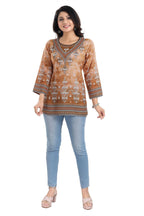 Snehal Creations Rustic Brown Faux Crepe Printed Short Kurti Tunic Top | Grocsy
