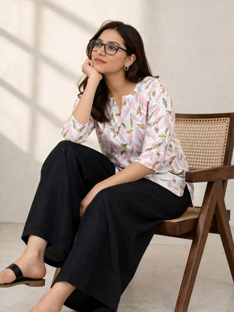 Teeya Creation Womens New Trendy Pink Flower Floral Printed Short Kurti with Beige Palazzo Set | Grocsy