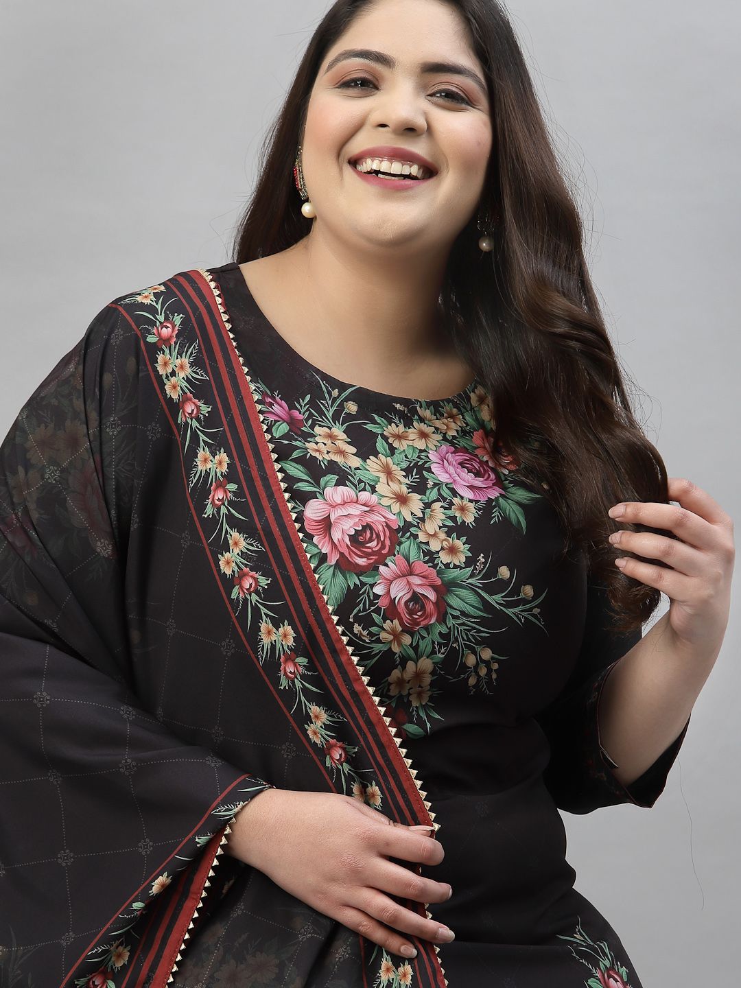 Sztori Plus Size Floral Printed Regular Straight Kurta with Palazzos & With Dupatta | Grocsy
