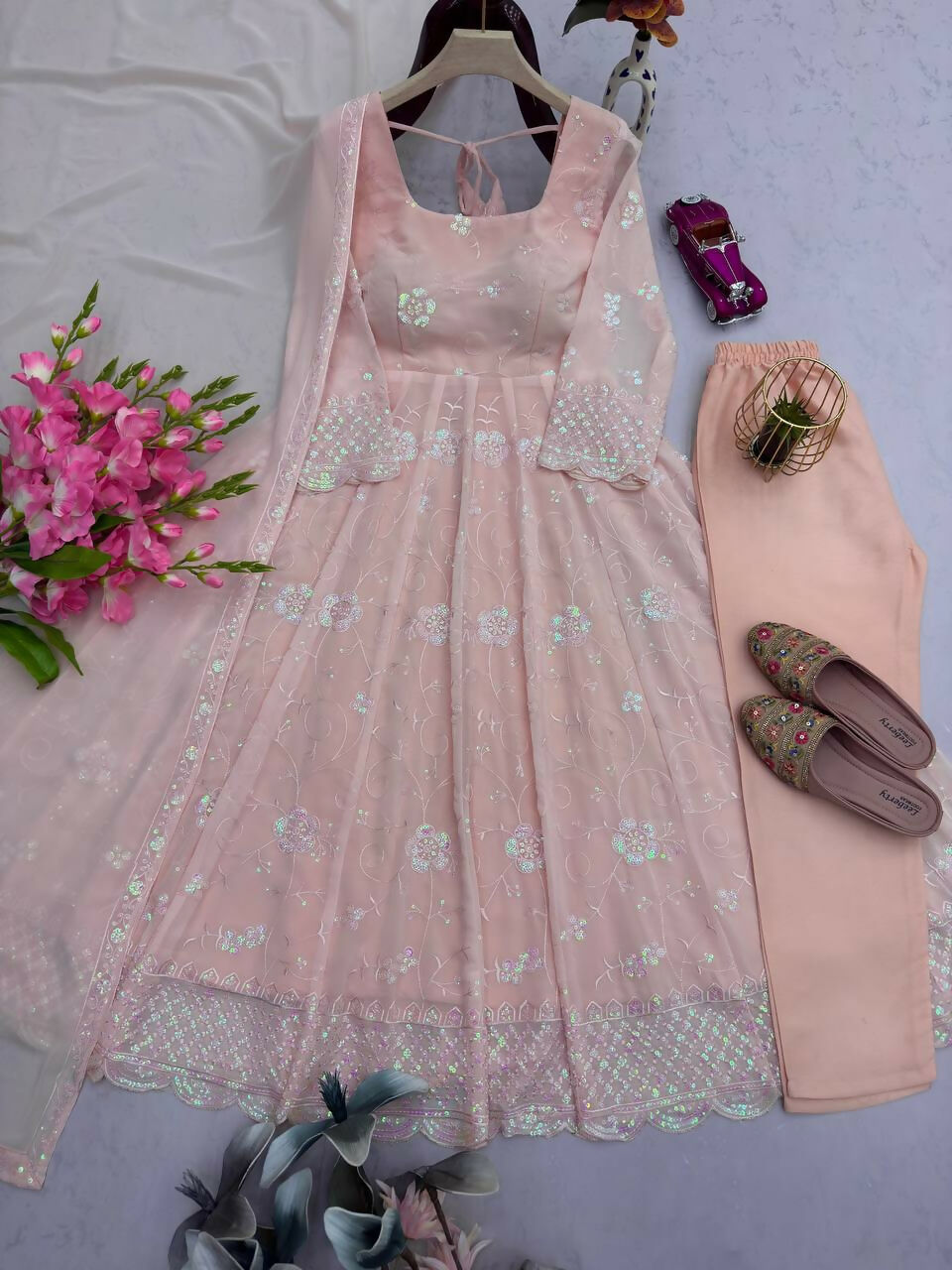 Teeya Creation Light Peach Color Faux Georgette Long Party Wear Gown | Grocsy