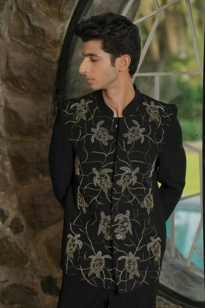 Black Bandhgala With Embroidery – Zardosi Work (Deer) by Hilo Design | Grocsy
