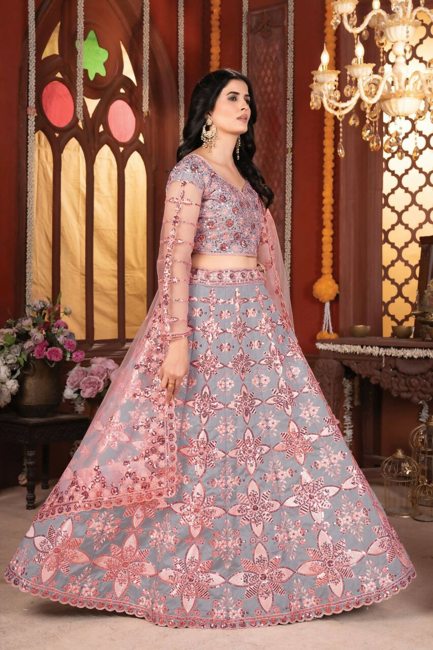 Eilara Grey And Peach Mulberry Silk Lehenga With Thread Sequins Embroidery Work | Grocsy