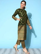 Ahalyaa Women's Olive Colour Poly Silk Gold Printed Kurta Pant Set With Dupatta | Grocsy
