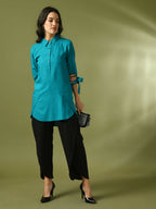 Myshka Women's Turquoise Blue Solid Cotton Longline Party Sheer Tunic | Grocsy