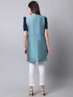Even Apparels Blue Bansari Silk Open Front Women's Long Coat | Grocsy