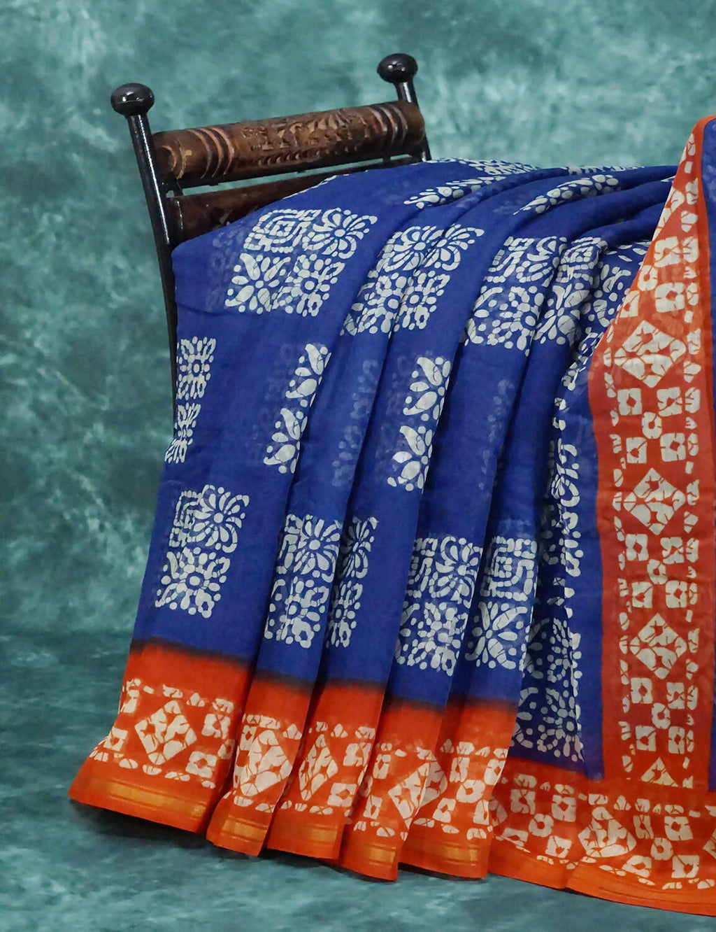 Mix of Blue and Orange Batik Printed Semi Chanderi Saree By Gayathri Reddy Designer Studio | Grocsy