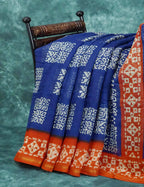 Mix of Blue and Orange Batik Printed Semi Chanderi Saree By Gayathri Reddy Designer Studio | Grocsy