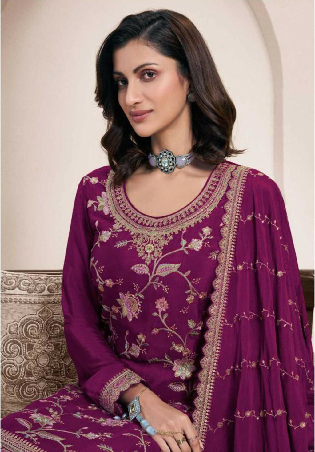 Anaita Wine Heavy Chinon With Embroidery Sharara Suit (bottom Stitched) | Grocsy