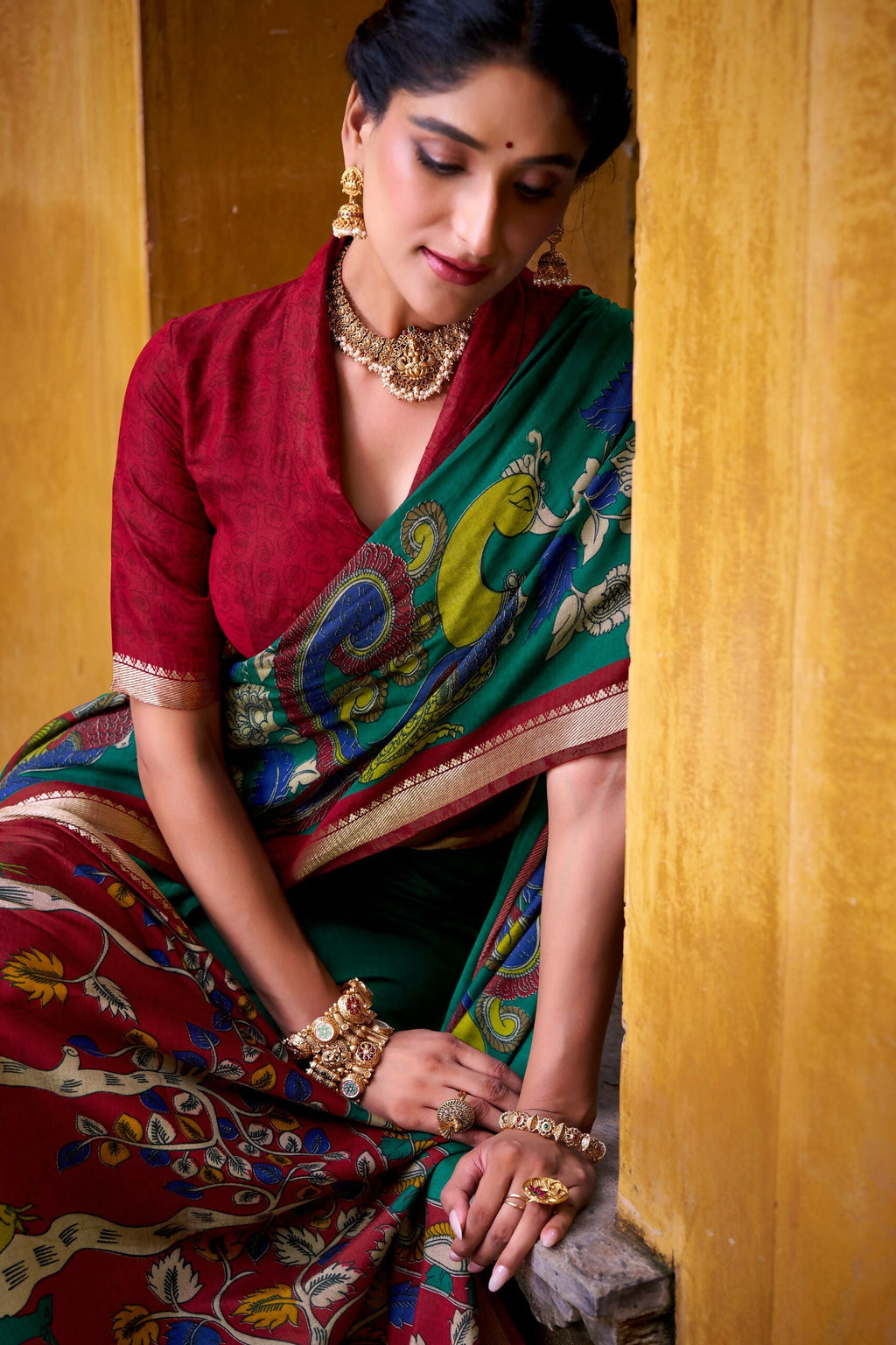 Vastranavya Firozi Viscose Chanderi Kalamkari Print with Zari Working Saree & Unstitched Blouse | Grocsy