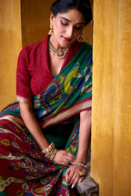Vastranavya Firozi Viscose Chanderi Kalamkari Print with Zari Working Saree & Unstitched Blouse | Grocsy