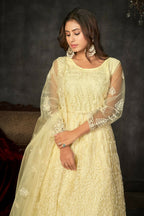 Jyoti Fashion Women's Cream Net Embroidered Anarkali Kurta Pant Set With Dupatta | Grocsy