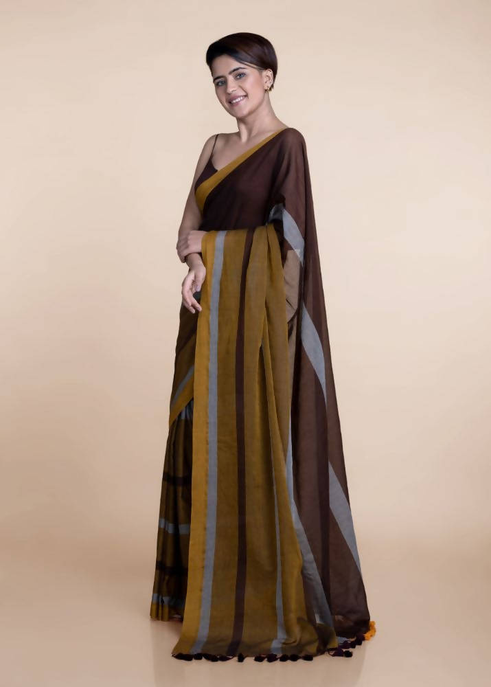 Suta Brown Yellow Colourblocked Mul Saree | Grocsy