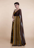 Suta Brown Yellow Colourblocked Mul Saree | Grocsy