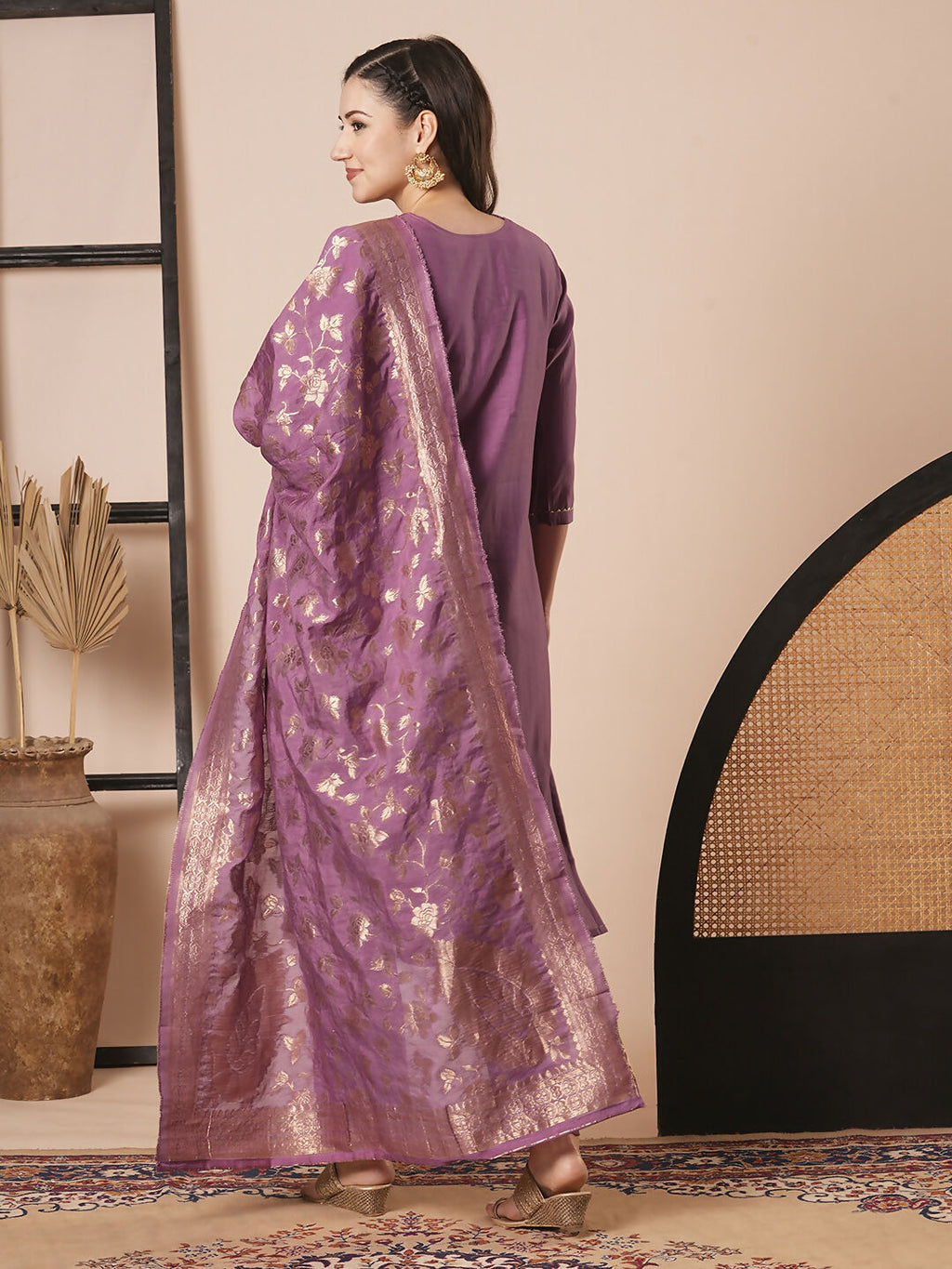 Mouve PV Chanderi Embroidery Work Kurta Set - Riya | Grocsy