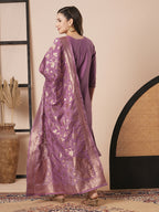 Mouve PV Chanderi Embroidery Work Kurta Set - Riya | Grocsy