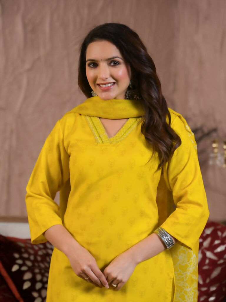Festive Ethnic Viscose Chanderi Yellow Stitched Suit With Dupatta - Rashmika | Grocsy
