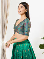 Joban Fashion Peacock Blue Brocade Padded Blouse With V Neck Elbow Sleeves | Grocsy