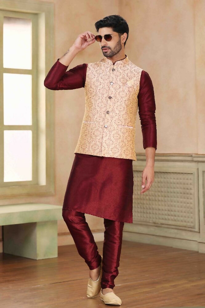 Raivat Ethnic Jacquard Banarasi Silk Woven Work 3 Pics Jacket Set In Beige Maroon Colour | Grocsy